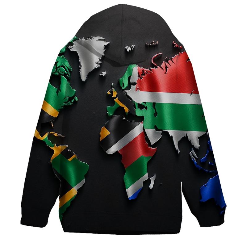 South African Flag Metallic World Map pullover hoodies