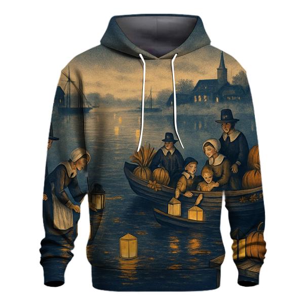Pilgrim Lanterns Over Autumn Harbor premium hoodies