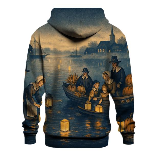 Pilgrim Lanterns Over Autumn Harbor premium hoodies