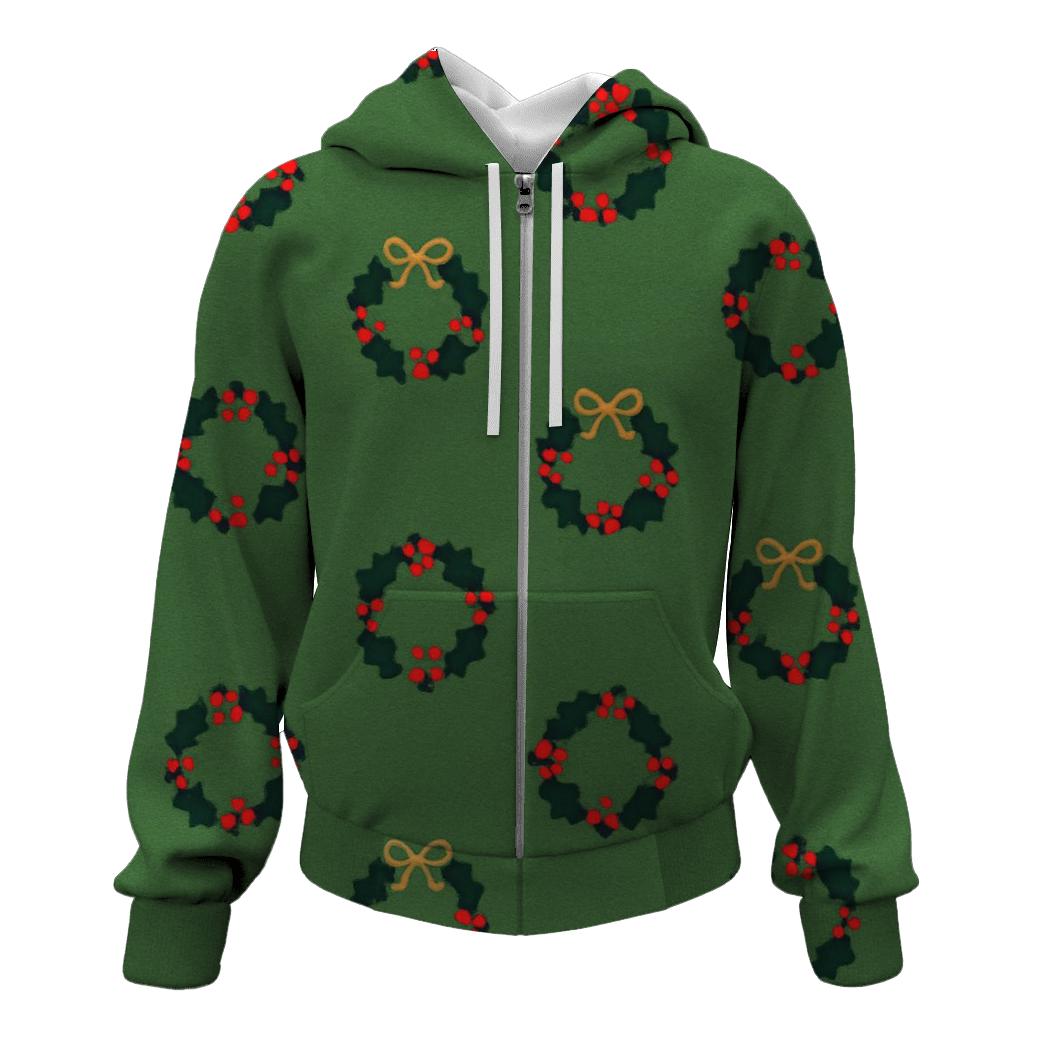 Holly Wreath Polka Dots On Classic Green embroidered hoodies