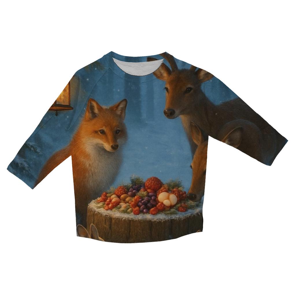 Woodland Christmas Feast For Animals printed three quarter sleeve shirts