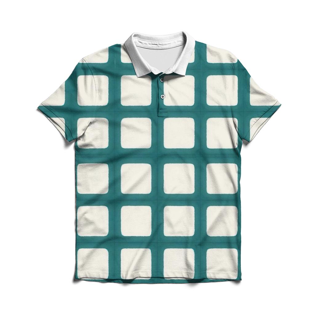 Itajime Teal Window Grid embroidered polo tops