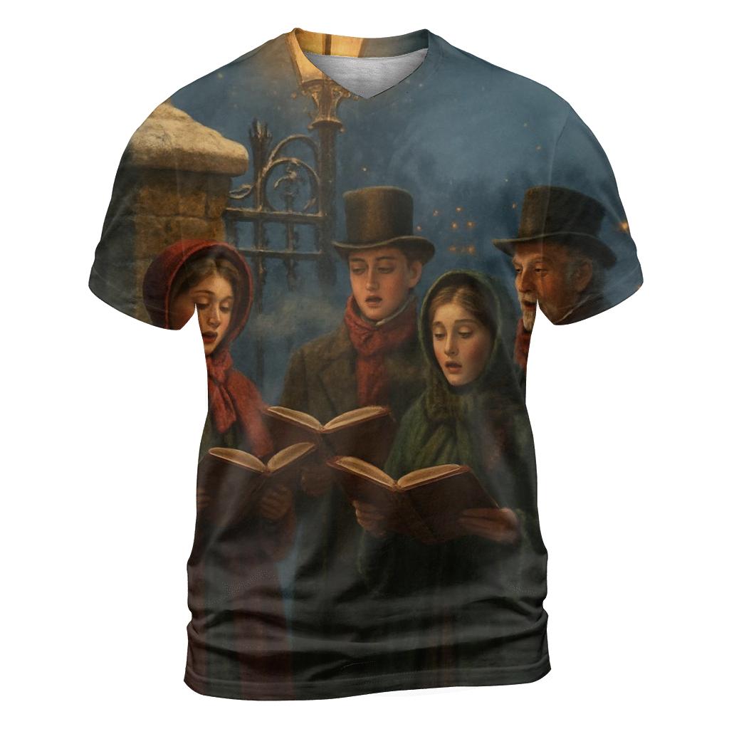Snowlit Carolers At The Old Stone Gate artistic all-over print tops