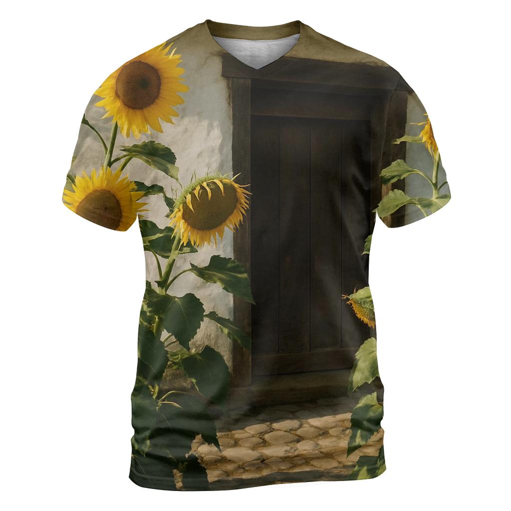 Sunflowers Framing Rural Farmhouse Doorway trendy printed shirt styles