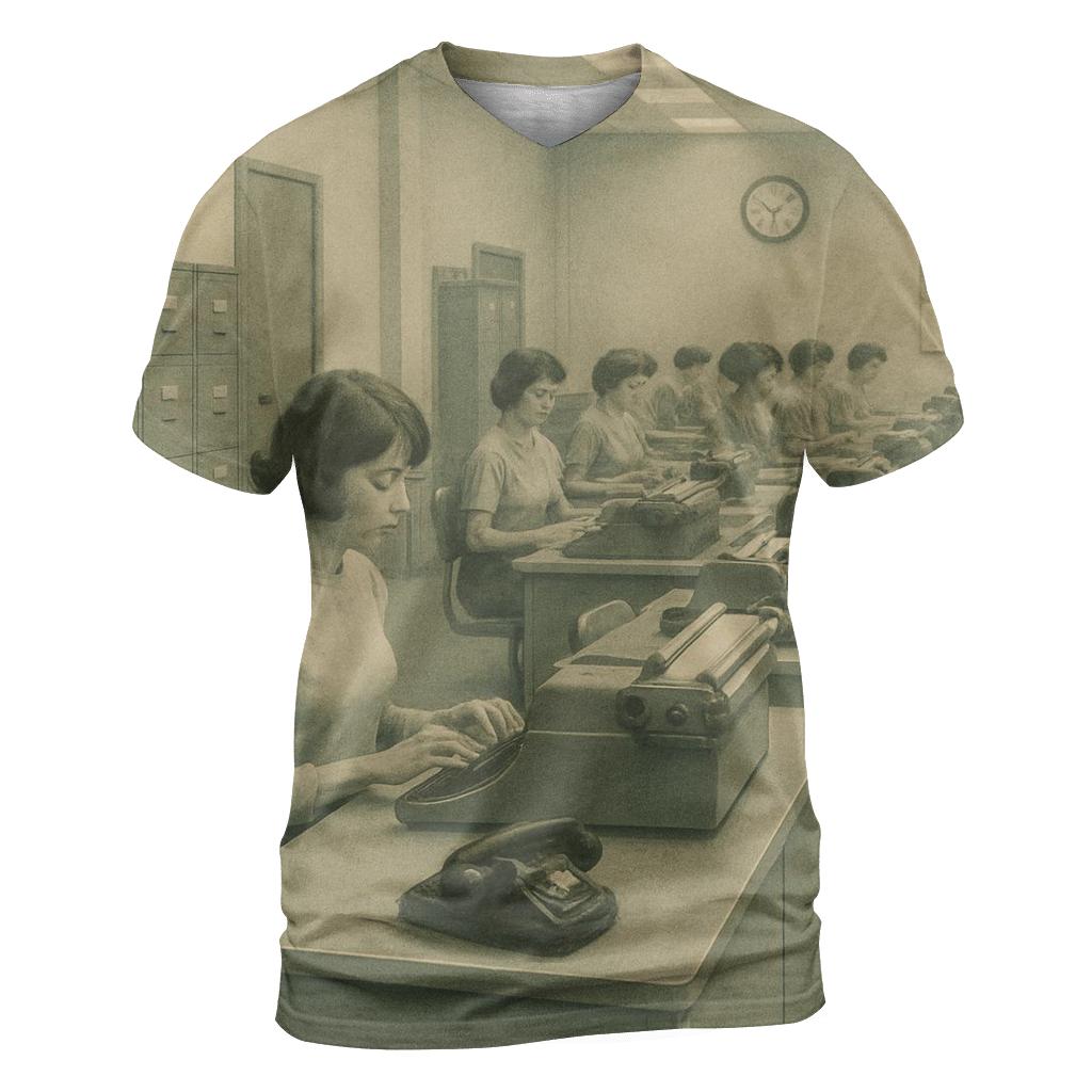 Retro Office Typing Pool Scene vibrant all-over design tees