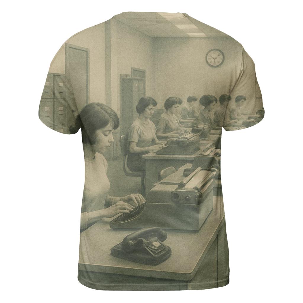 Retro Office Typing Pool Scene vibrant all-over design tees