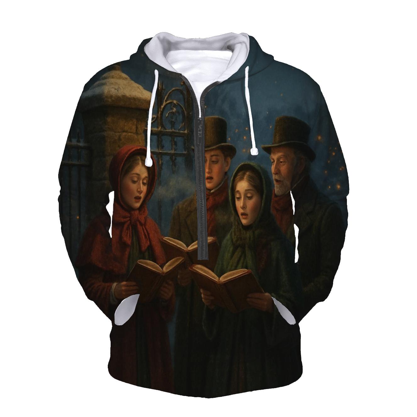 Snowlit Carolers At The Old Stone Gate heavyweight hoodies