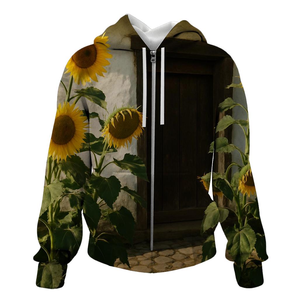 Sunflowers Framing Rural Farmhouse Doorway zip-up hoodies