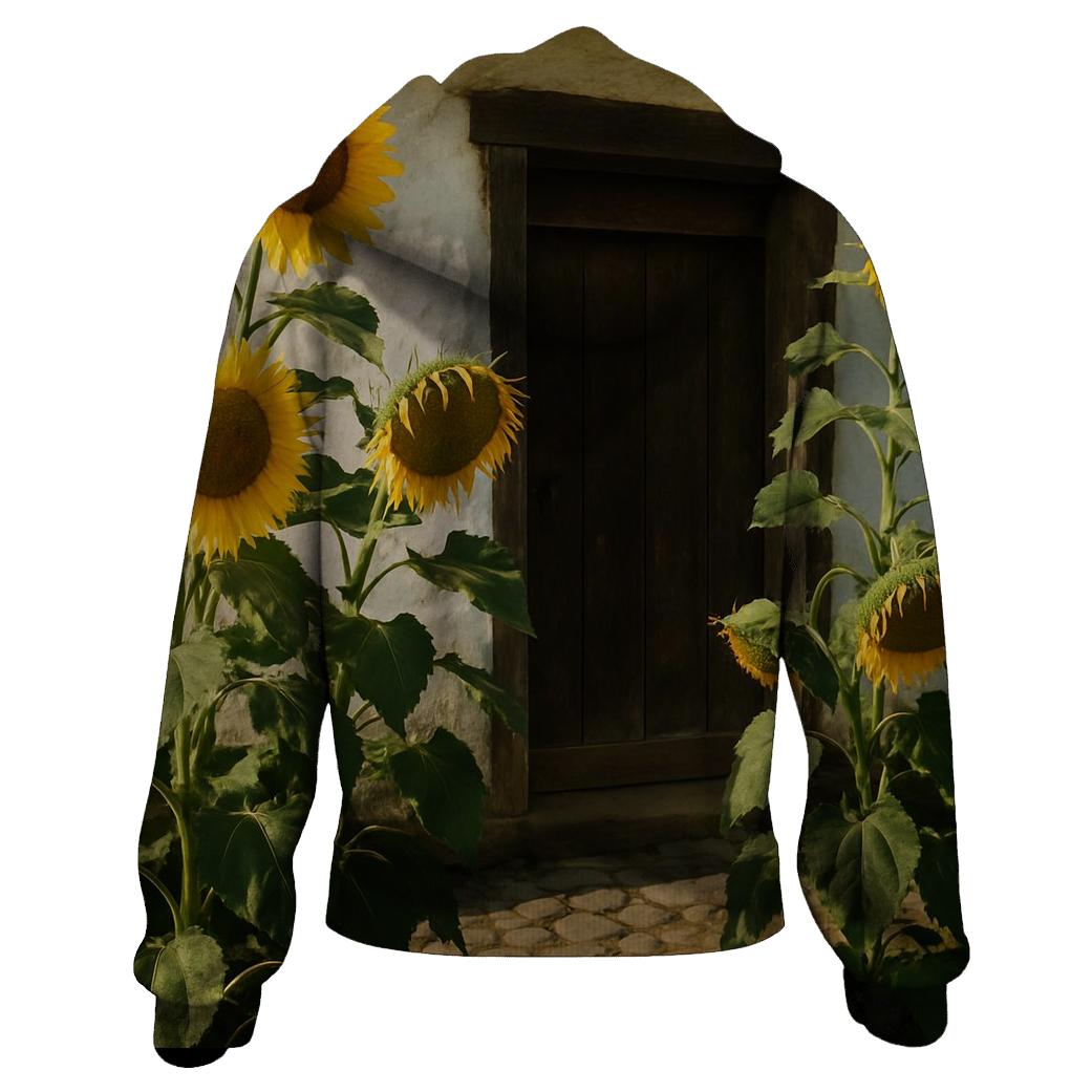 Sunflowers Framing Rural Farmhouse Doorway zip-up hoodies