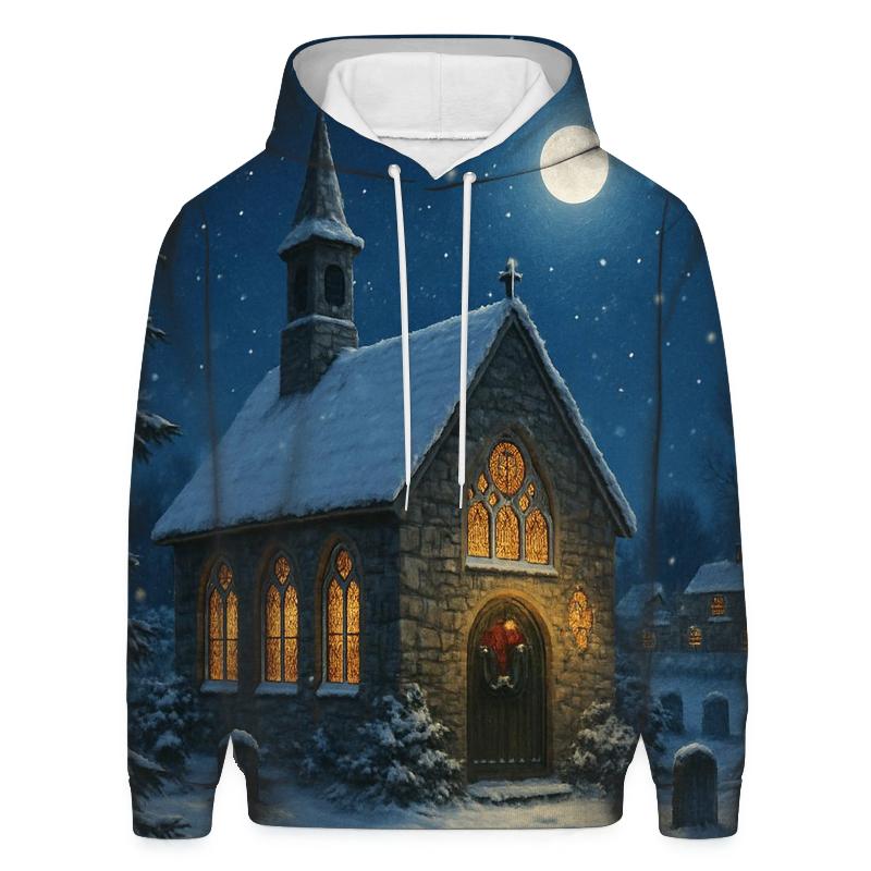 Midnight Snowfall At The Village Chapel hoodies fashion