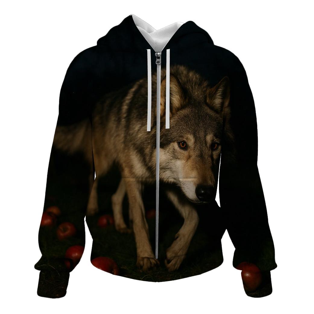Night Orchard Wolf Among Fallen Apples printed hoodies