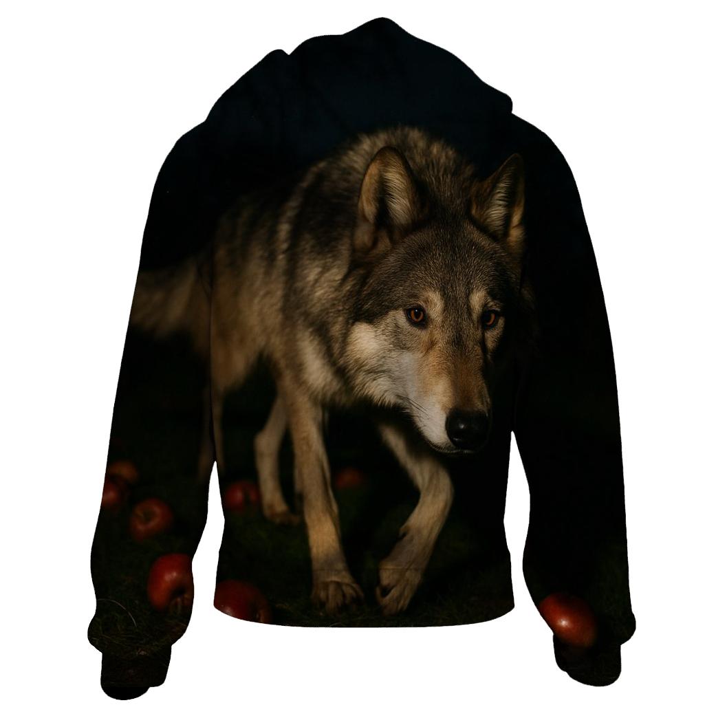Night Orchard Wolf Among Fallen Apples printed hoodies