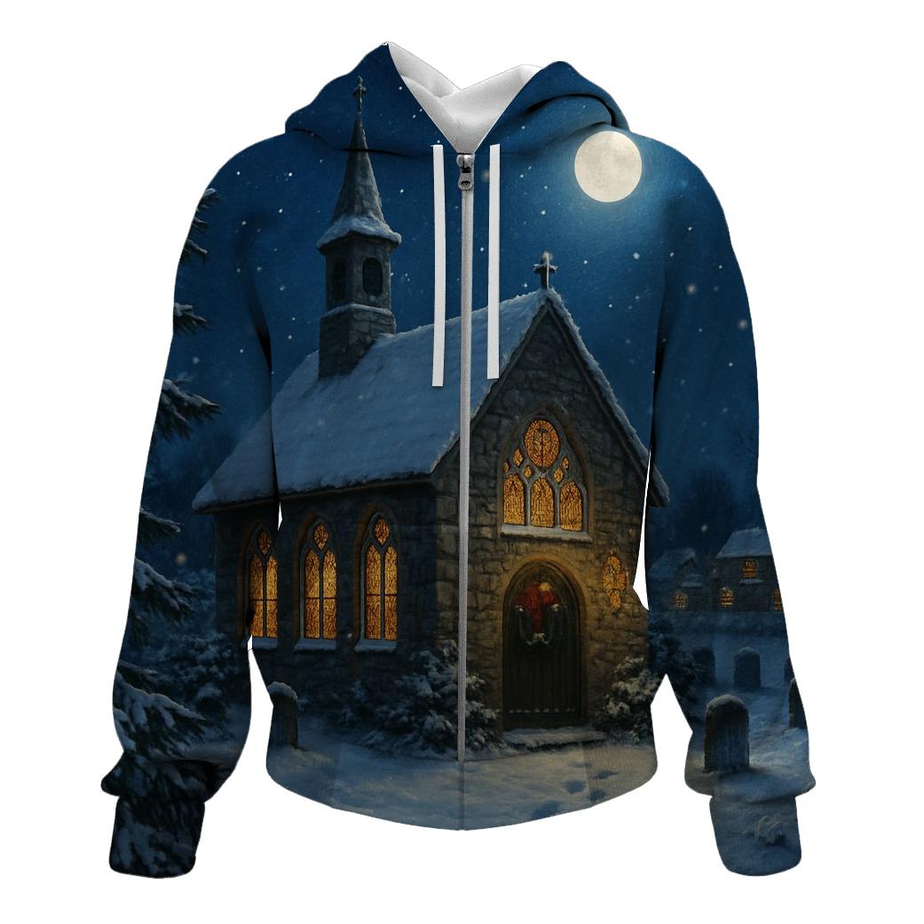 Midnight Snowfall At The Village Chapel embroidered hoodies
