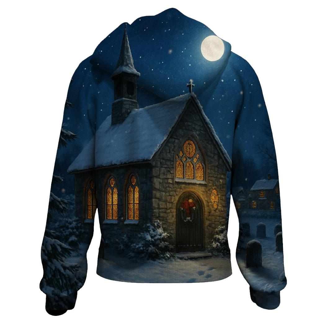 Midnight Snowfall At The Village Chapel embroidered hoodies
