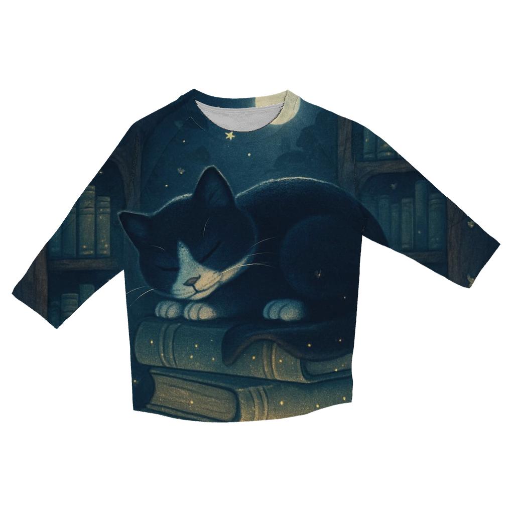 Moonlit Library Cat cotton quarter sleeve shirts