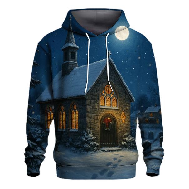 Midnight Snowfall At The Village Chapel printed hoodies