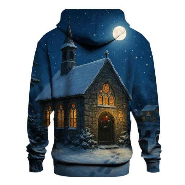 Midnight Snowfall At The Village Chapel printed hoodies