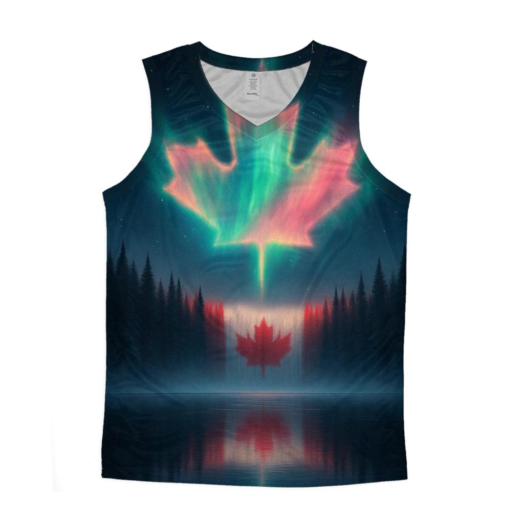 Canadian Flag Aurora Forest Reflection sports performance tank tops