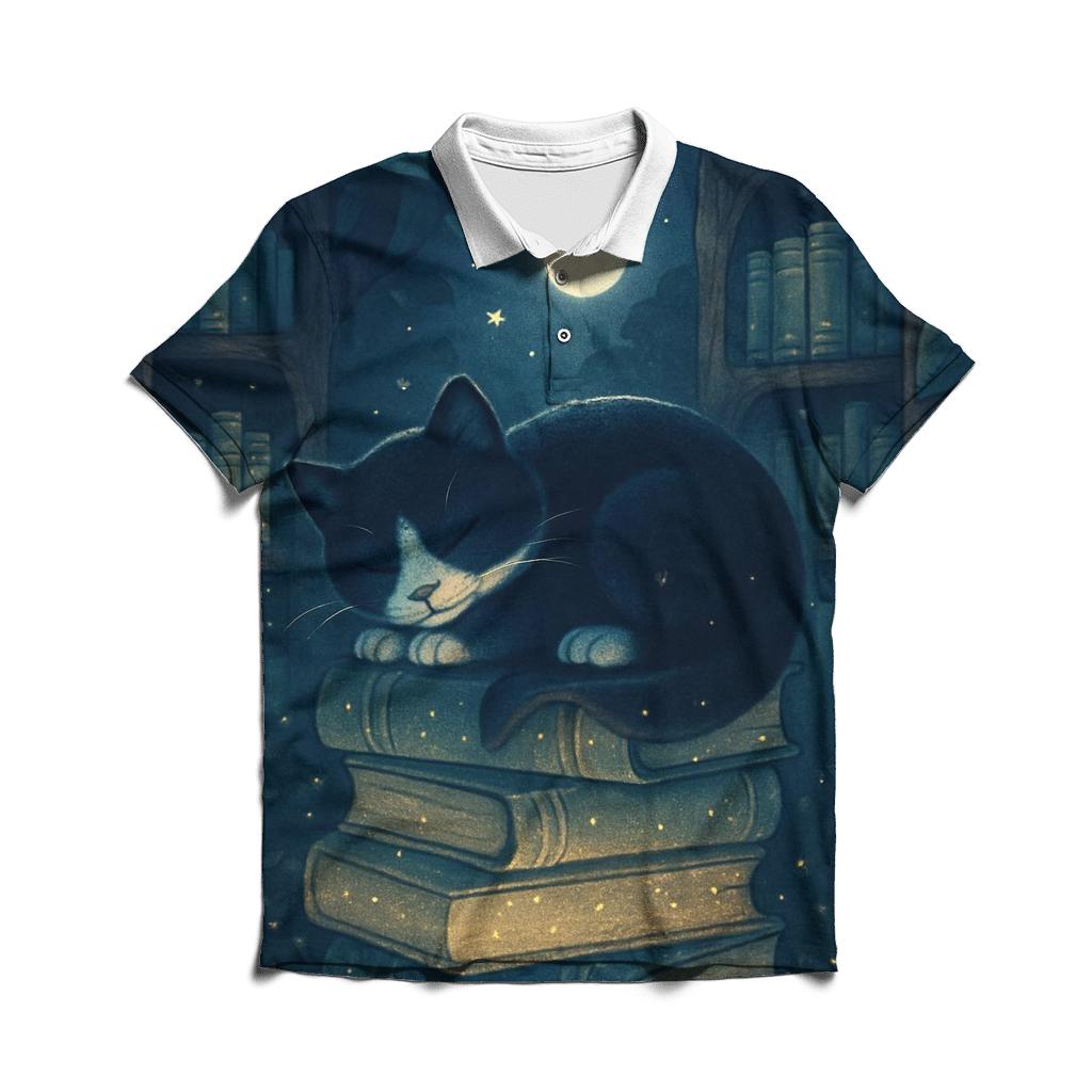 Moonlit Library Cat premium cotton polo shirts