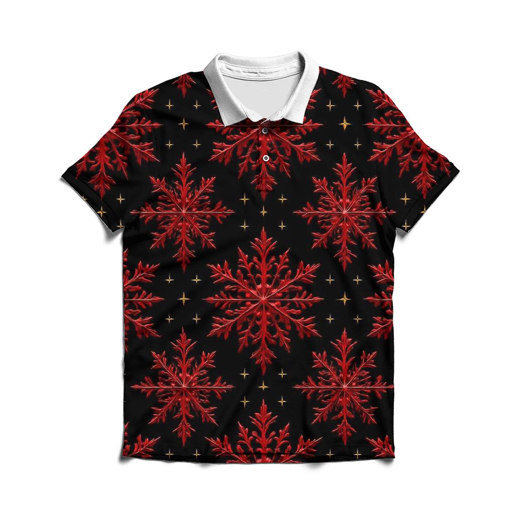 Crimson Snowflake Lattice On Midnight Black classic pique polos