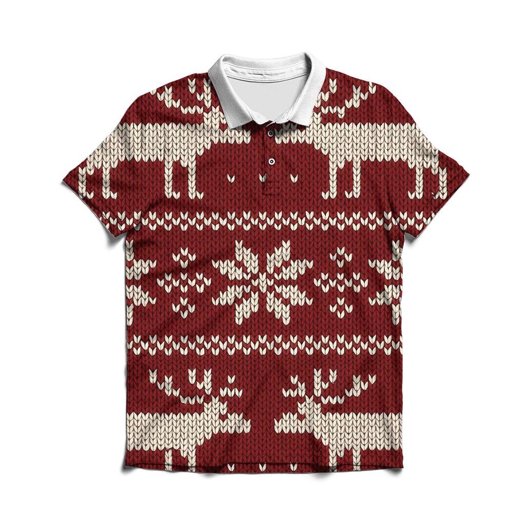 Nordic Reindeer Fair Isle On Deep Red embroidered polo tops