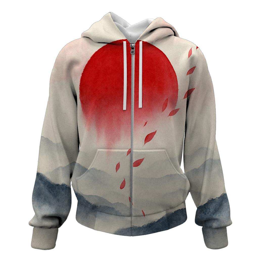 Japanese Flag Misty Mountain Watercolor zip-up hoodies
