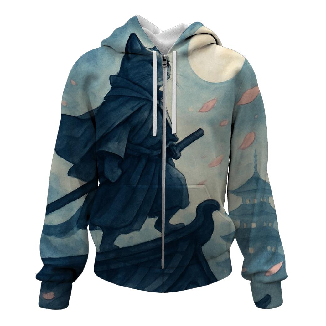 Moonlit Sakura Samurai Cat hoodie designs