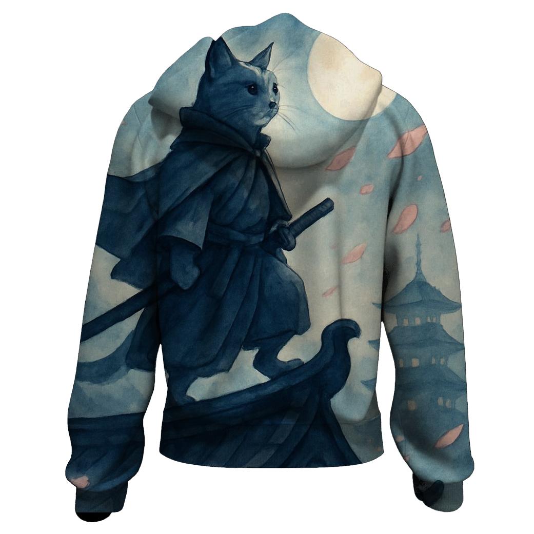 Moonlit Sakura Samurai Cat hoodie designs