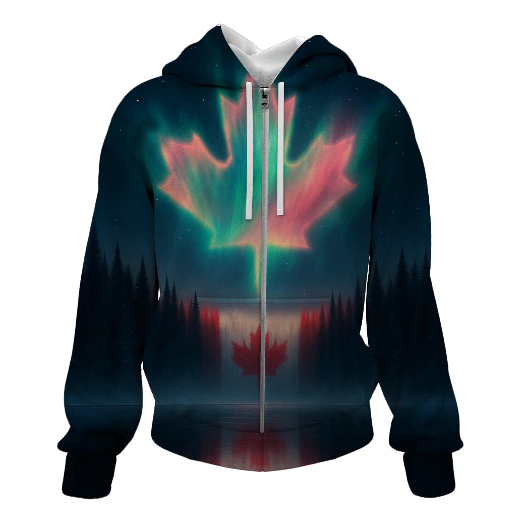 Canadian Flag Aurora Forest Reflection premium hoodies