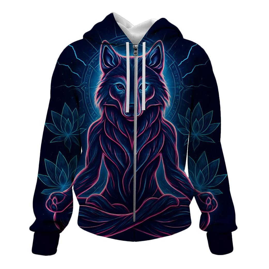 Neon Lotus Wolf Guardian embroidered hoodies