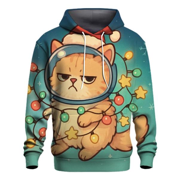 Space Cat Tangled In Christmas Lights embroidered hoodies