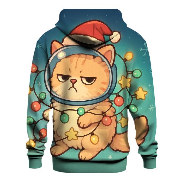 Space Cat Tangled In Christmas Lights embroidered hoodies
