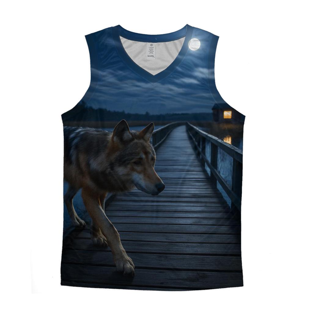 Marshland Wolf Crossing Boardwalk At Night graphic print tank tops