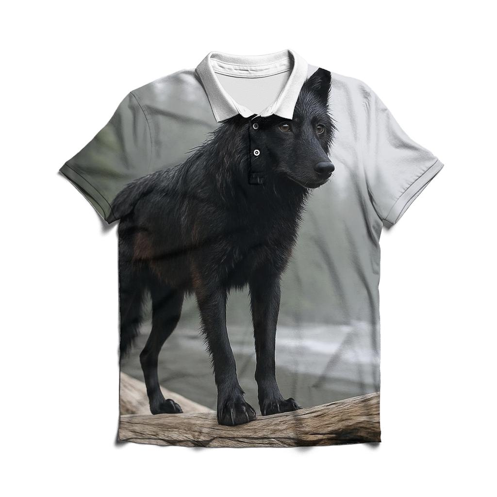 Coastal Rainforest Wolf On Driftwood premium cotton polo shirts