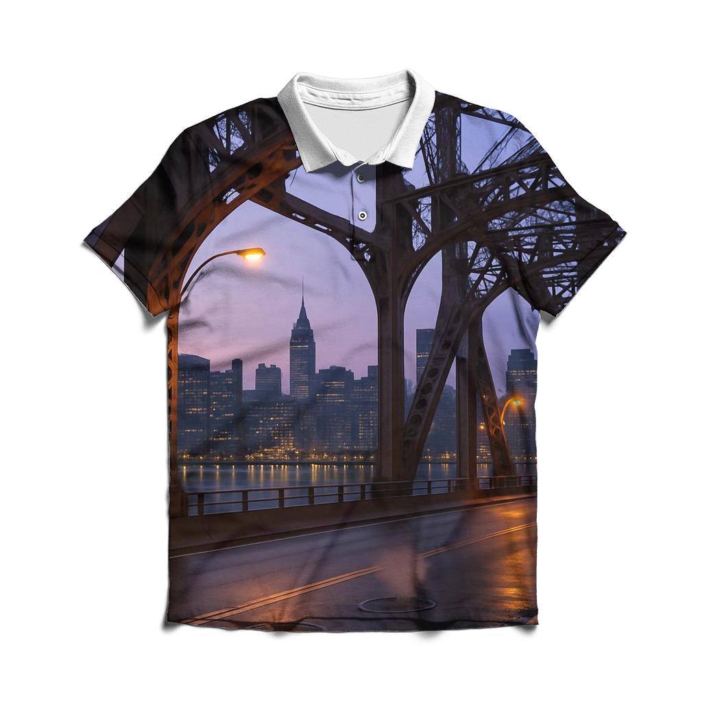 Queensboro Bridge Industrial Dawn Silhouette branded logo polo shirts