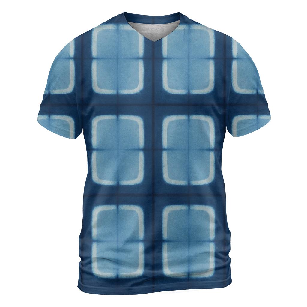 Indigo Itajime Window Grid artistic all-over print tops