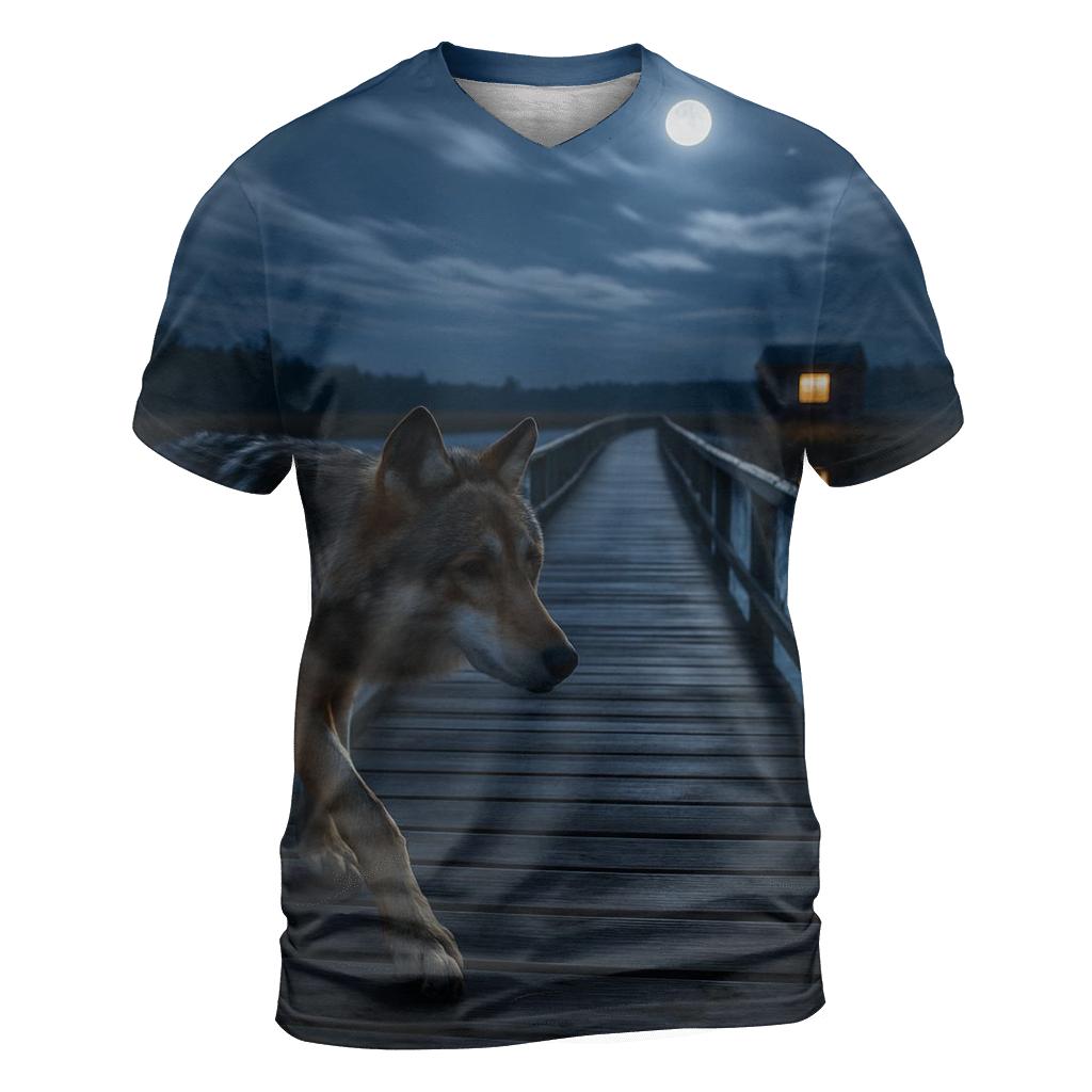 Marshland Wolf Crossing Boardwalk At Night trendy printed shirt styles
