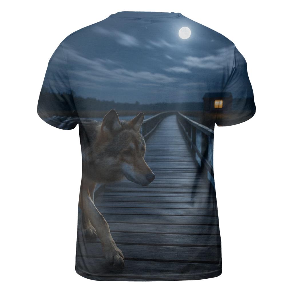 Marshland Wolf Crossing Boardwalk At Night trendy printed shirt styles