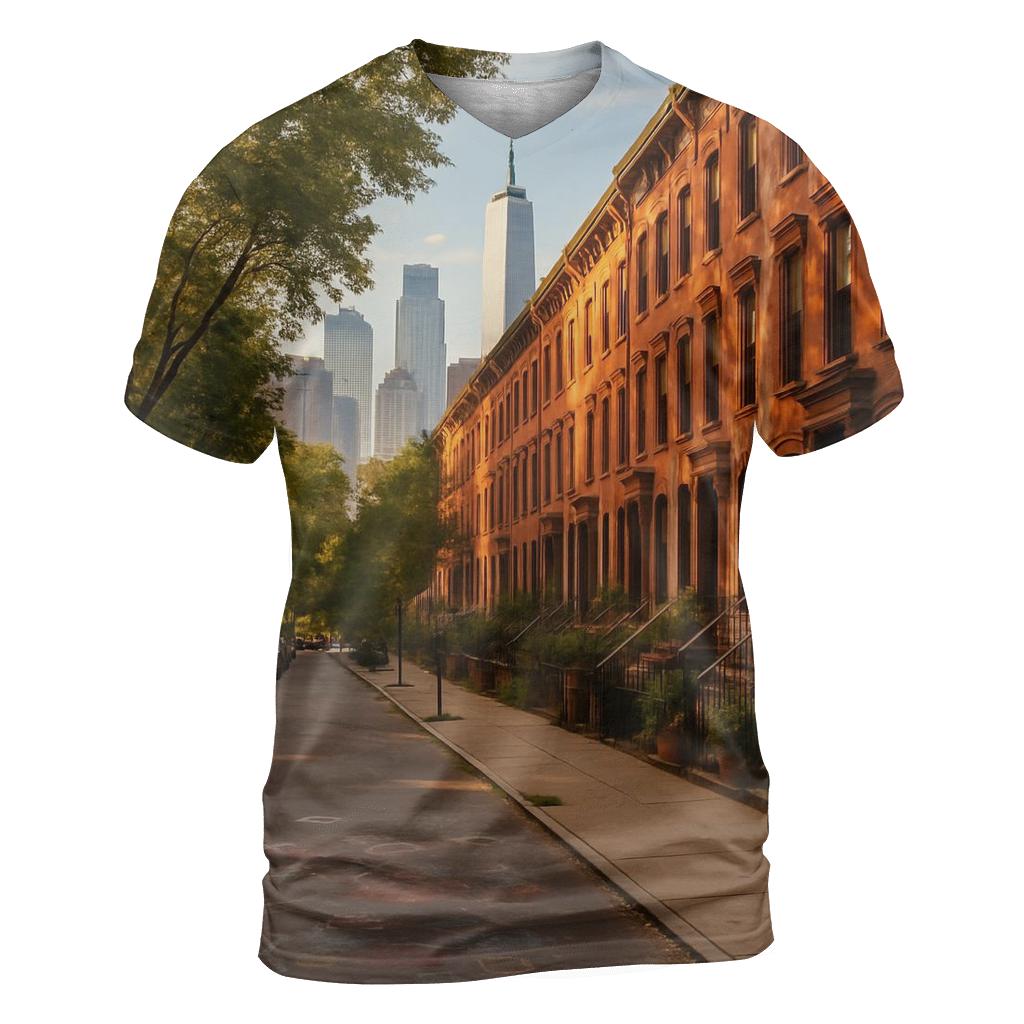 Brooklyn Brownstone Block With Distant Towers statement graphic shirts