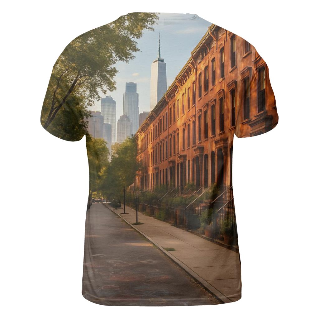 Brooklyn Brownstone Block With Distant Towers statement graphic shirts