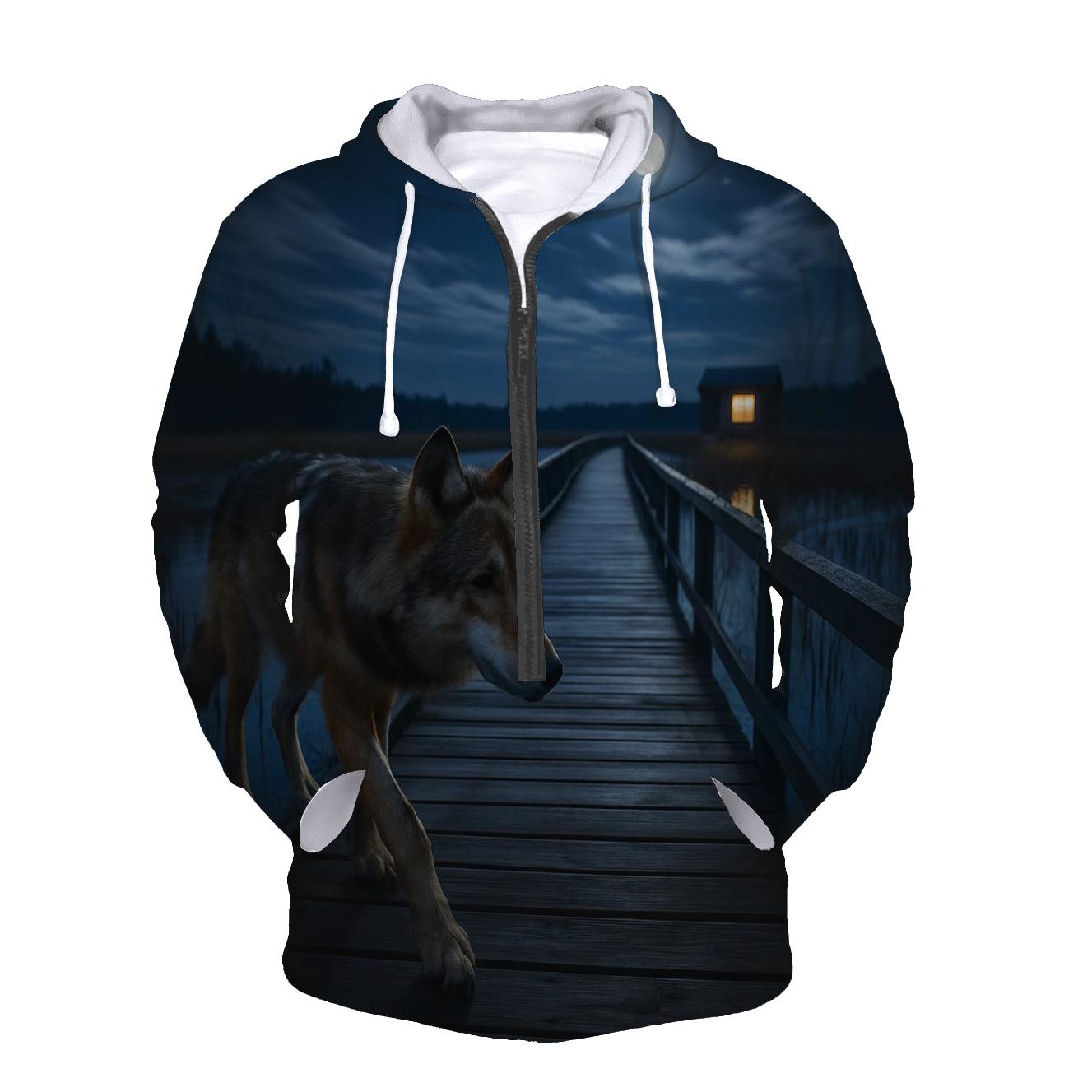 Marshland Wolf Crossing Boardwalk At Night hoodie designs