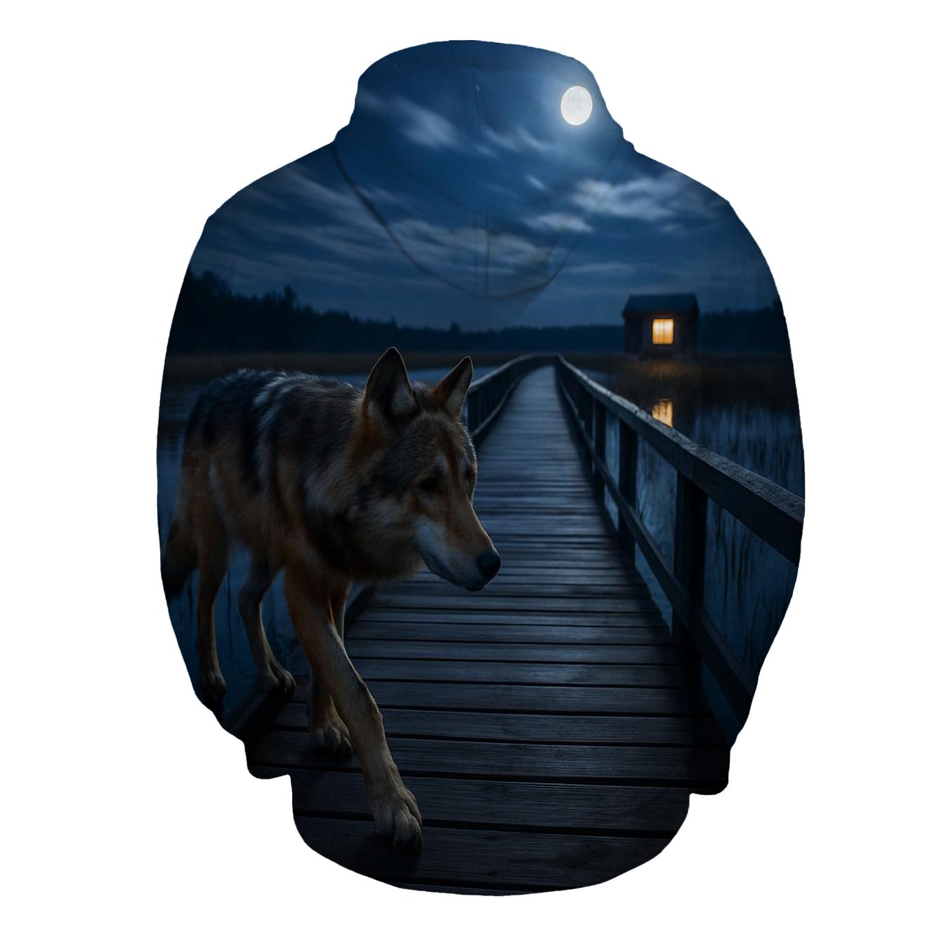 Marshland Wolf Crossing Boardwalk At Night hoodie designs