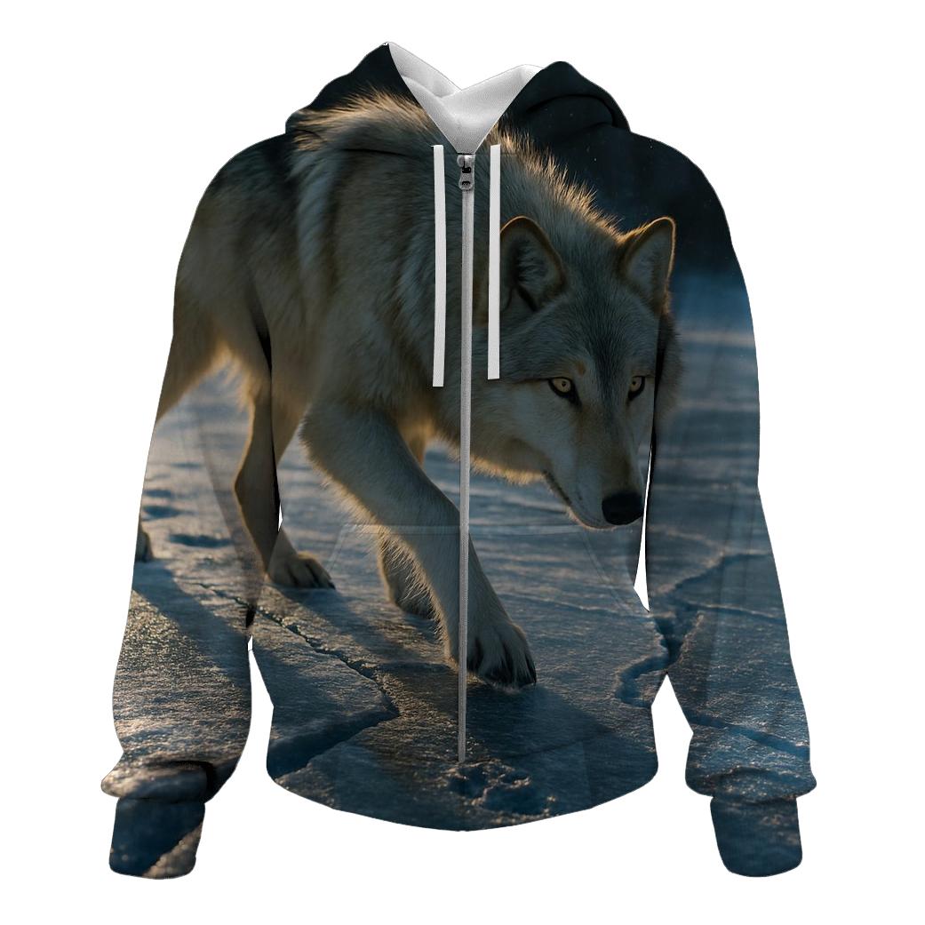 Midwinter Wolf Crossing Frozen River lightweight hoodies