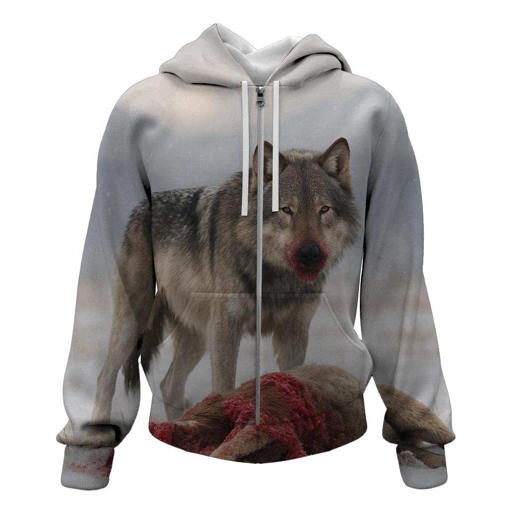 Snow Dusted Wolf At Carcass On Open Plain hoodie designs
