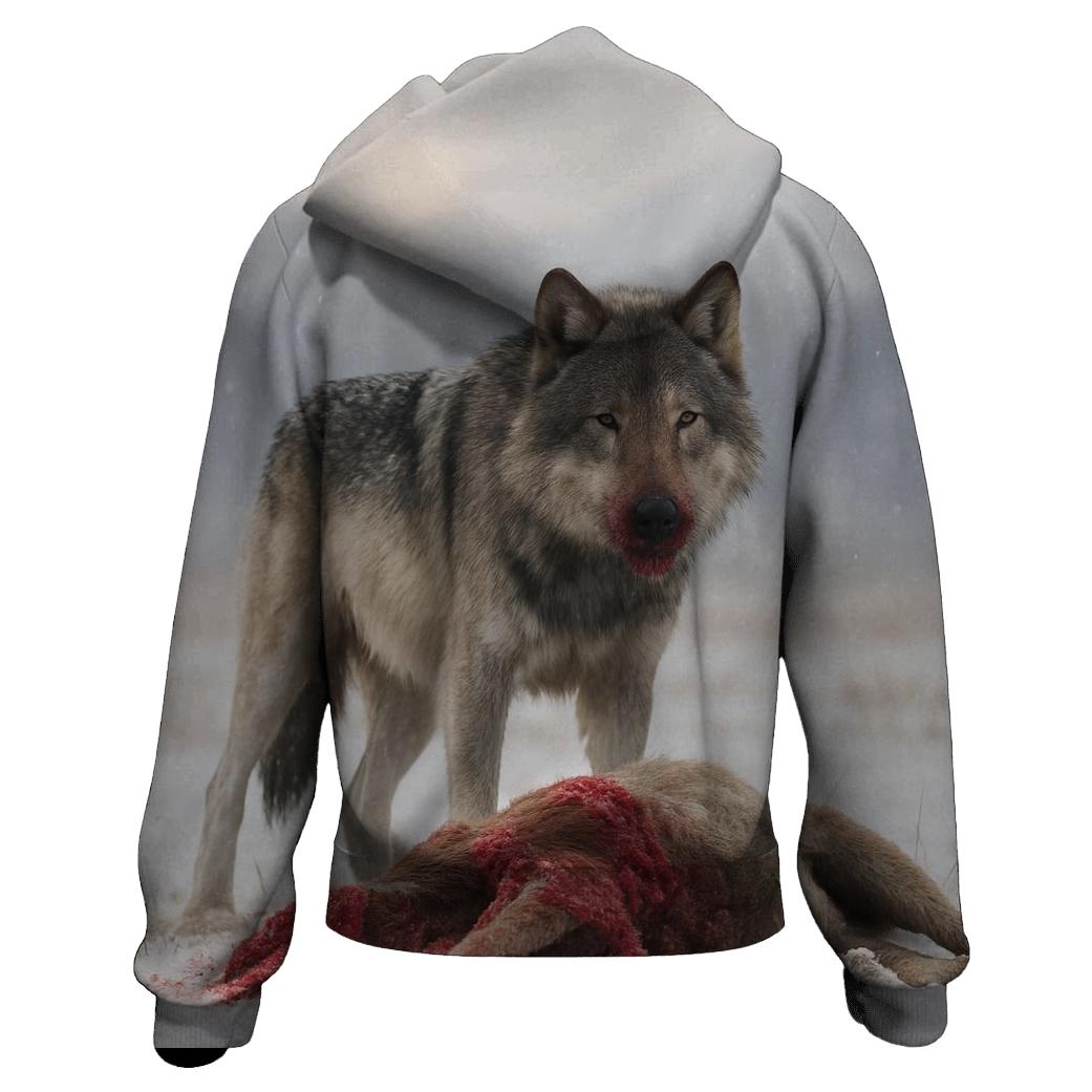 Snow Dusted Wolf At Carcass On Open Plain hoodie designs
