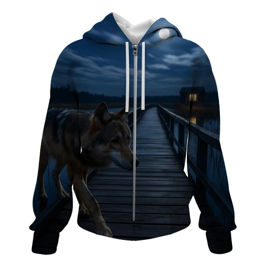 Marshland Wolf Crossing Boardwalk At Night custom hoodies