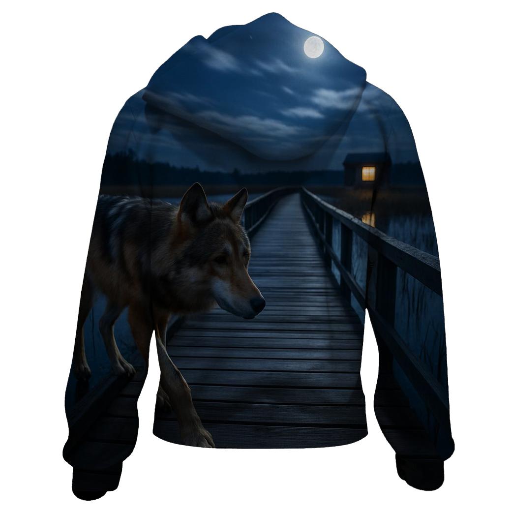 Marshland Wolf Crossing Boardwalk At Night custom hoodies