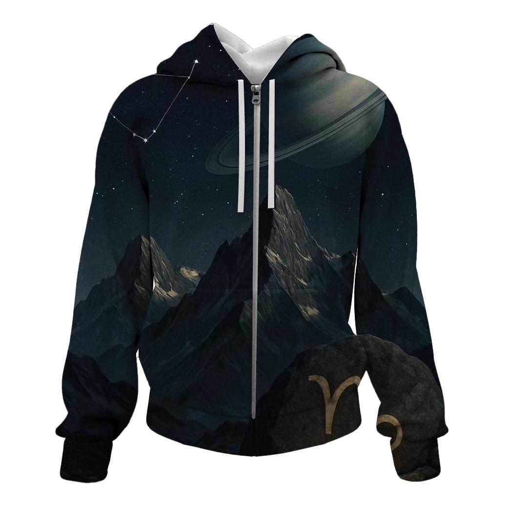 Capricorn Mountain Ringed Planet Ascent zip-up hoodies