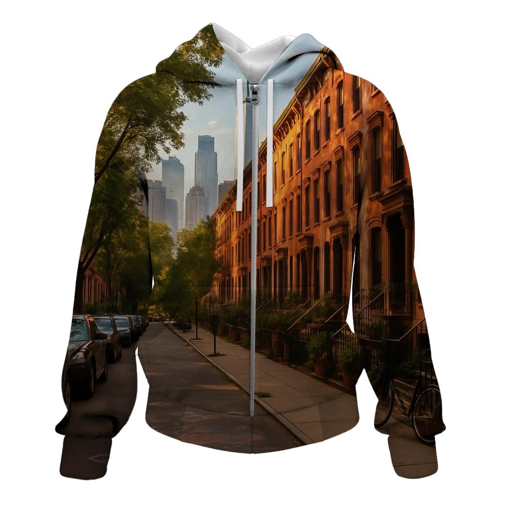 Brooklyn Brownstone Block With Distant Towers graphic hoodies