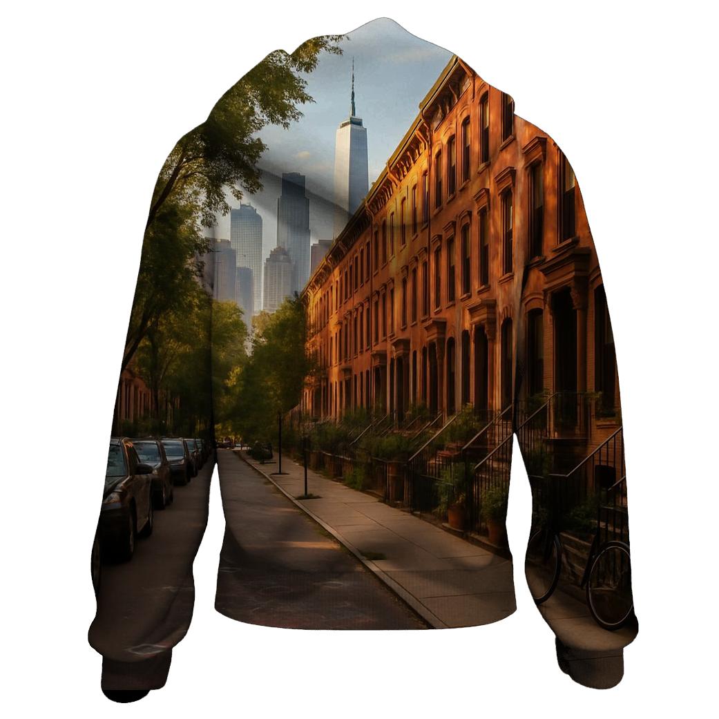 Brooklyn Brownstone Block With Distant Towers graphic hoodies